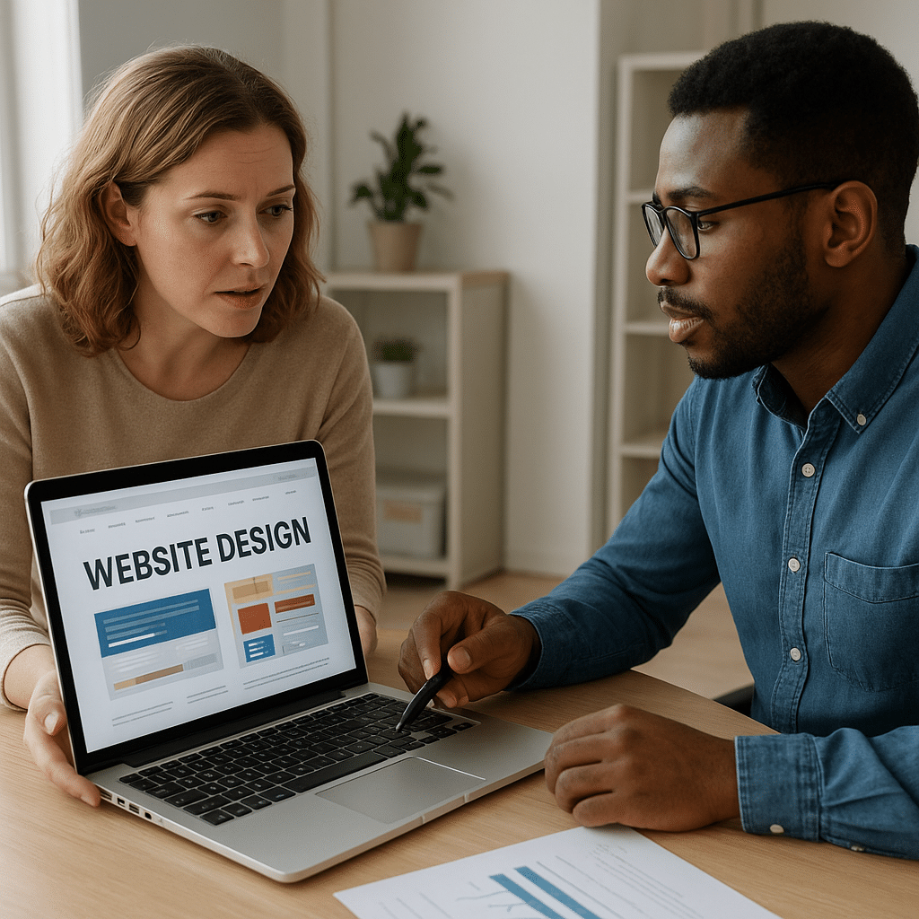 Two professionals discussing website redesign ideas on a laptop in a modern office environment.