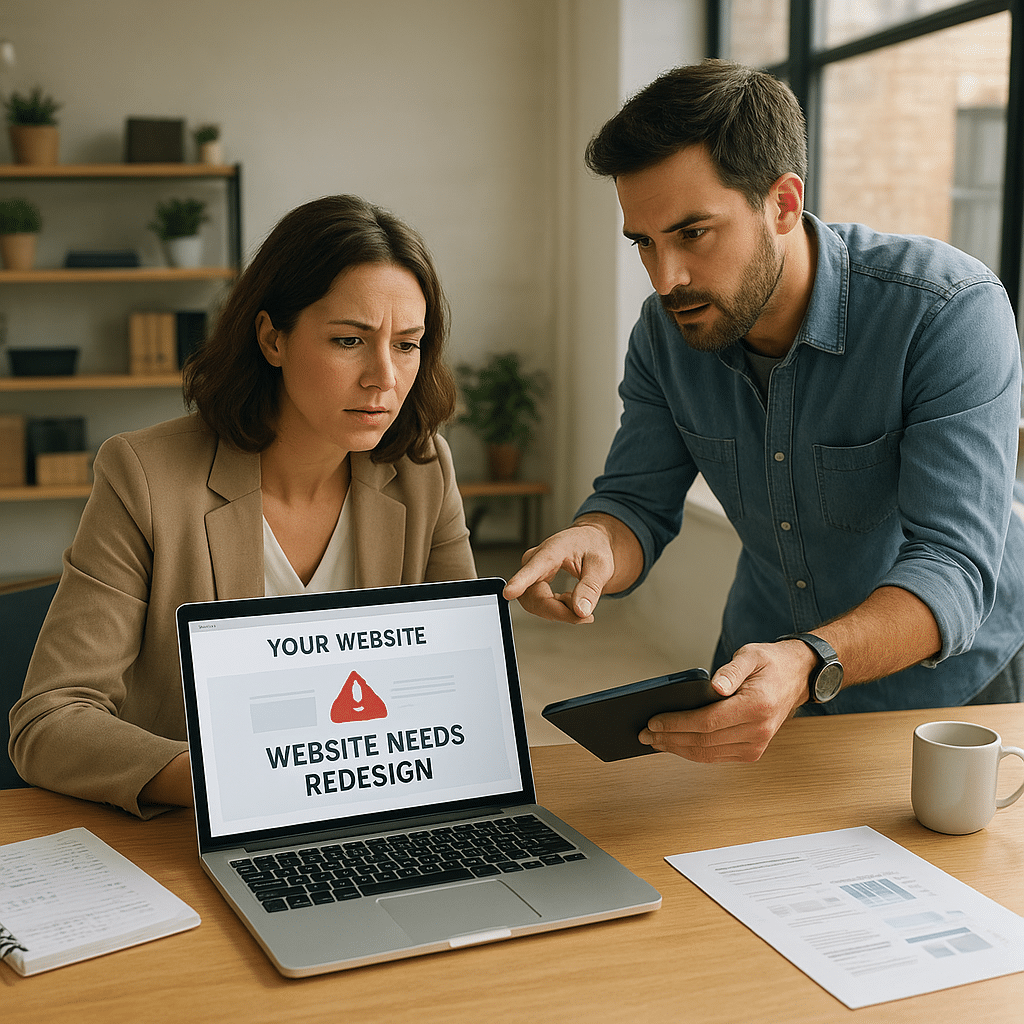 Two professionals reviewing a laptop showing a "Website Needs Redesign" alert, discussing website redesign services.