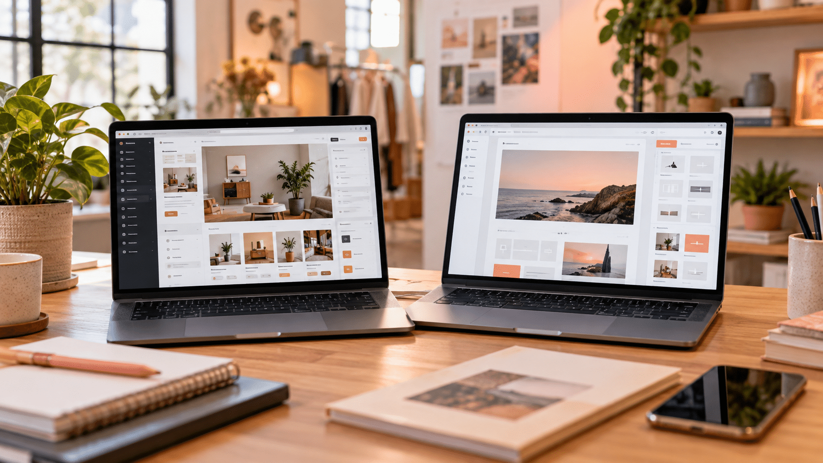 Two laptops, two website builders