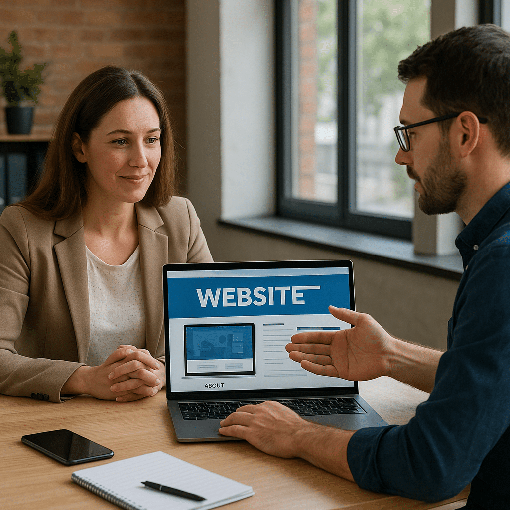 Two professionals reviewing website design ideas on a laptop during a business meeting.