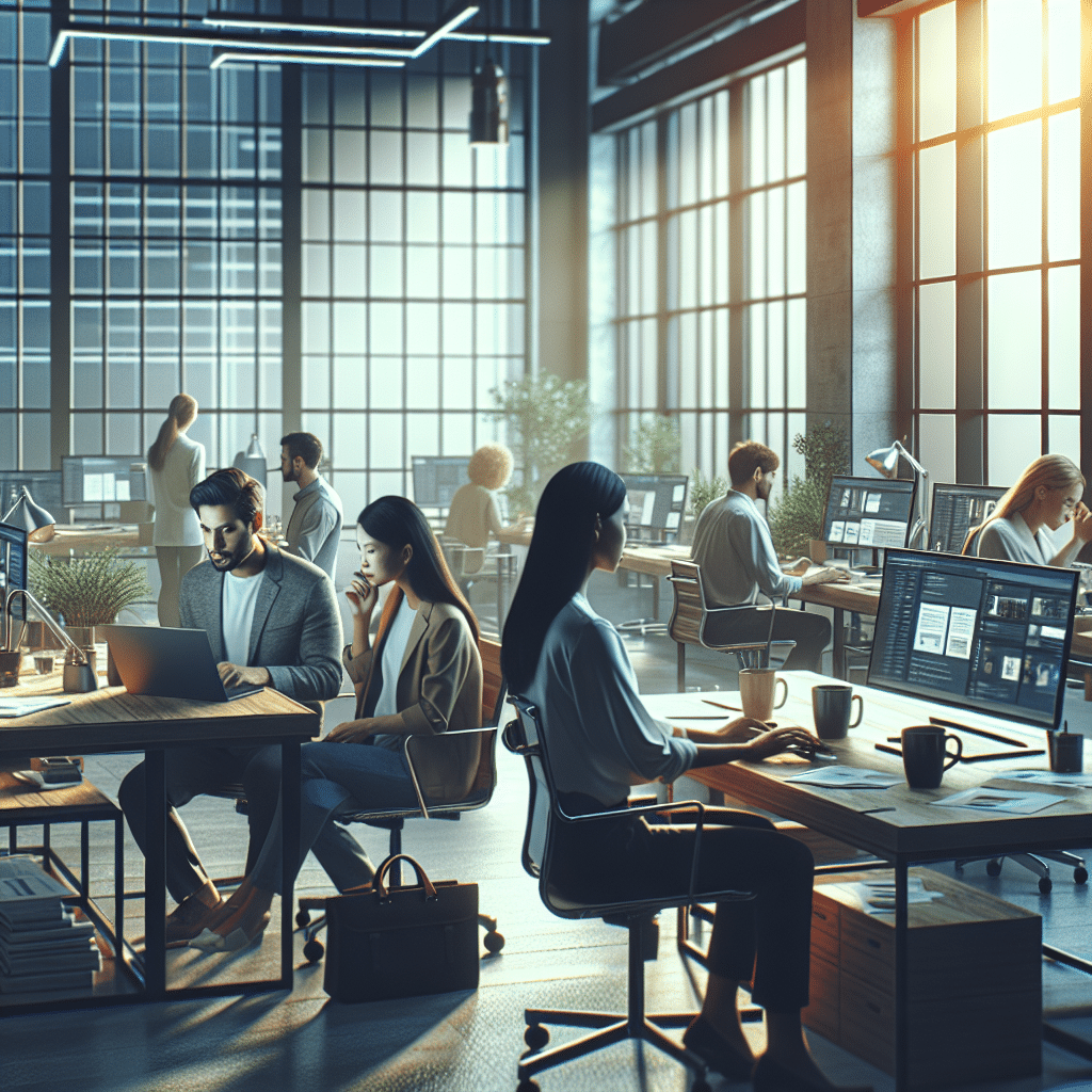 Modern office with diverse professionals collaborating on computers, symbolizing SEO website design for small businesses.