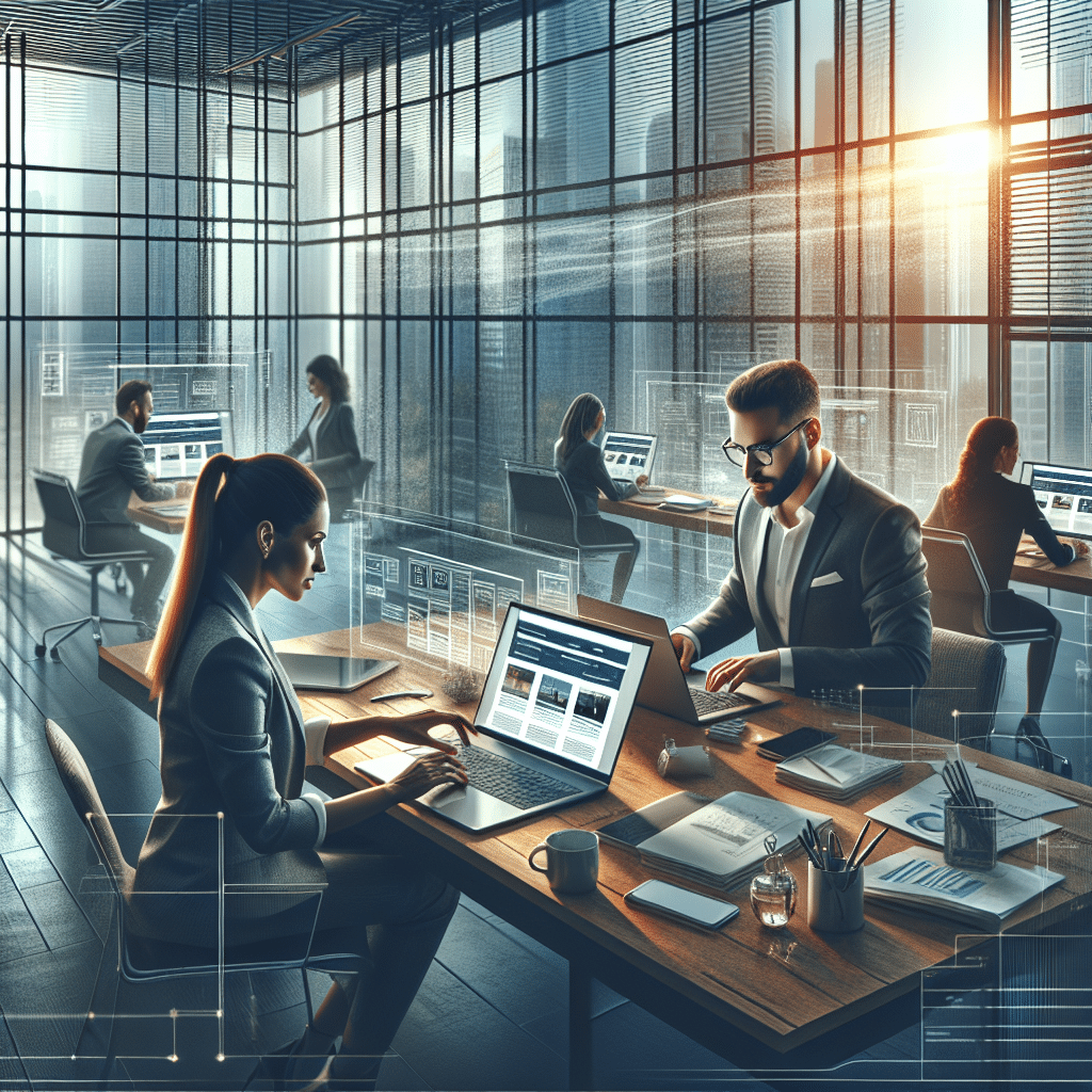 Professionals collaborating on laptops in a modern office, illustrating benefits of a professional website for small business