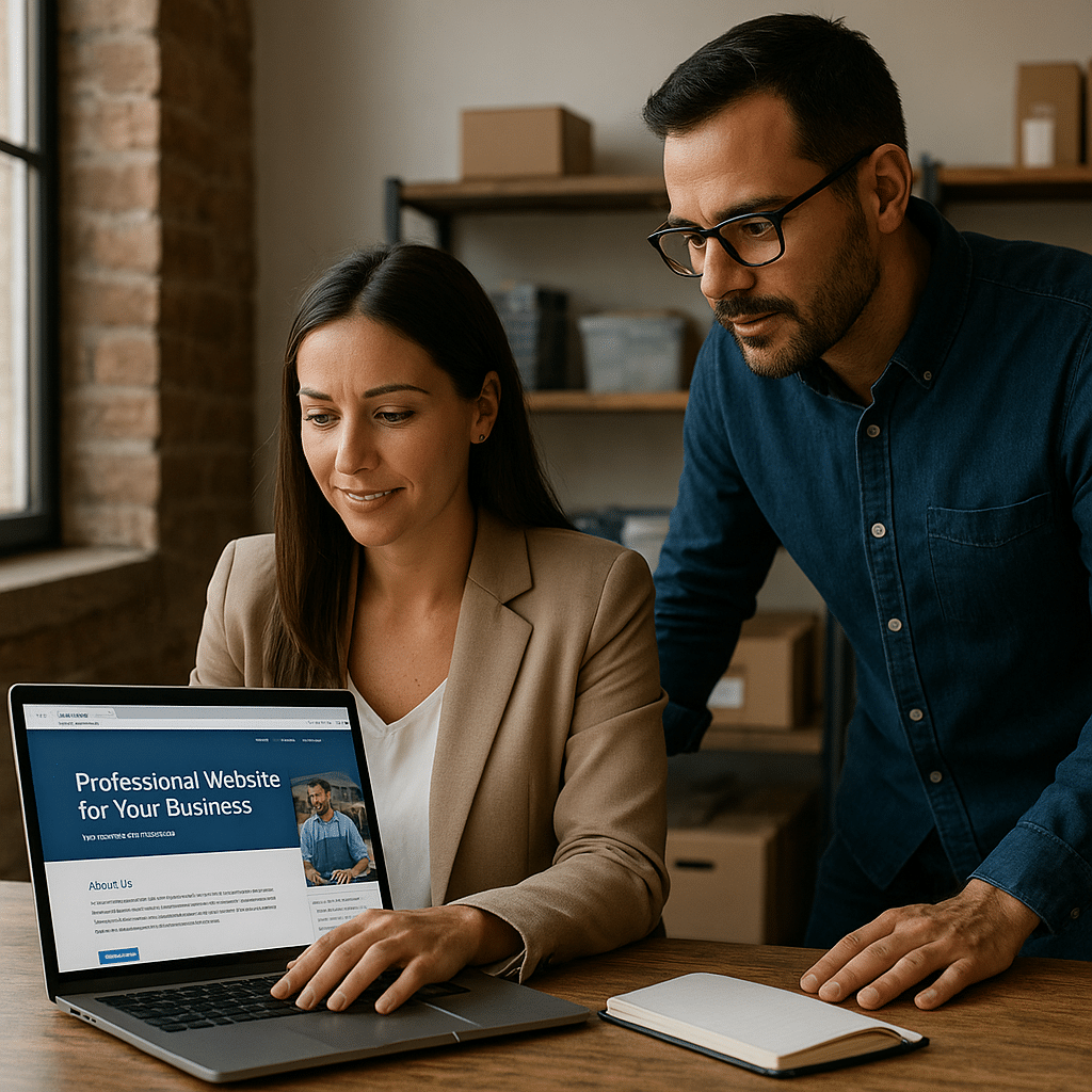 Two professionals collaborating on designing a professional website for a small business on a laptop in an office.