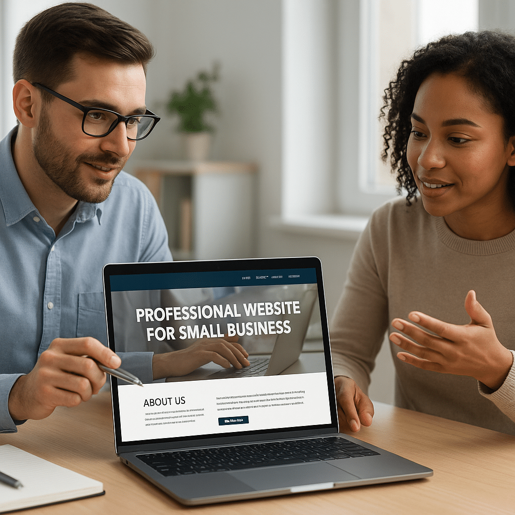 Two professionals reviewing a laptop showing a "Professional Website for Small Business" webpage.
