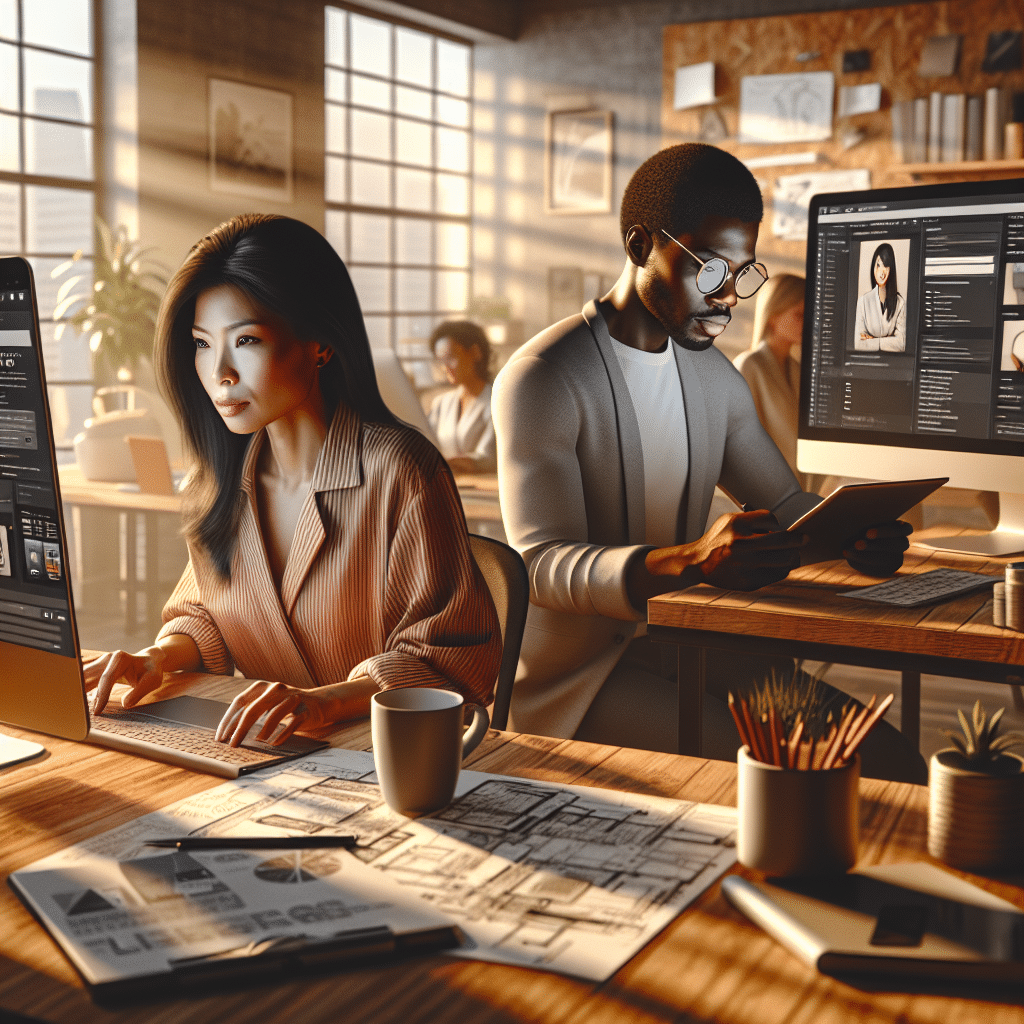 Creative professionals collaborating in a modern office using digital design and photography tools for WordPress vs Wix compa