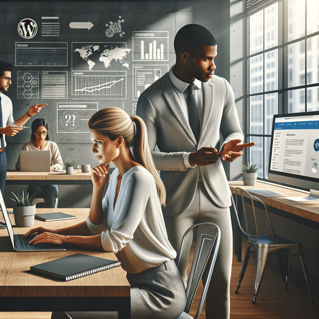 Professional team collaborating on WordPress vs Wix digital marketing strategies in a modern office for small businesses.